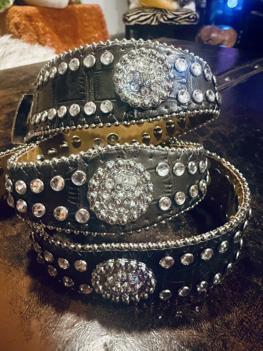 Girls Nocona Genuine Black Leather Rhinestone Crystal Studded Western Belt Sz 28